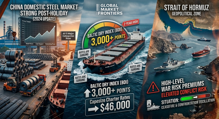 During the first full trading week after the May Day holiday (May 4–9), global steel markets were pulled by three simultaneous forces: China's domestic steel prices continued to strengthen post-holiday, driven by restocking and cost-side support, with all five major product categories rising. In global shipping, the Baltic Dry Index (BDI) reclaimed the 3,000-point threshold for the first time in two years, with Capesize daily charter rates breaking $46,000. The Strait of Hormuz situation swung repeatedly between ceasefire and confrontation, keeping war risk premiums at elevated levels. Together, these three forces make current procurement decisions and export pricing far more complex than they were before the holiday.